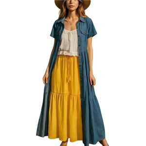 MISSLOOK Women's 3XL Chambray Button Front Tiered Short Sleeve Dress